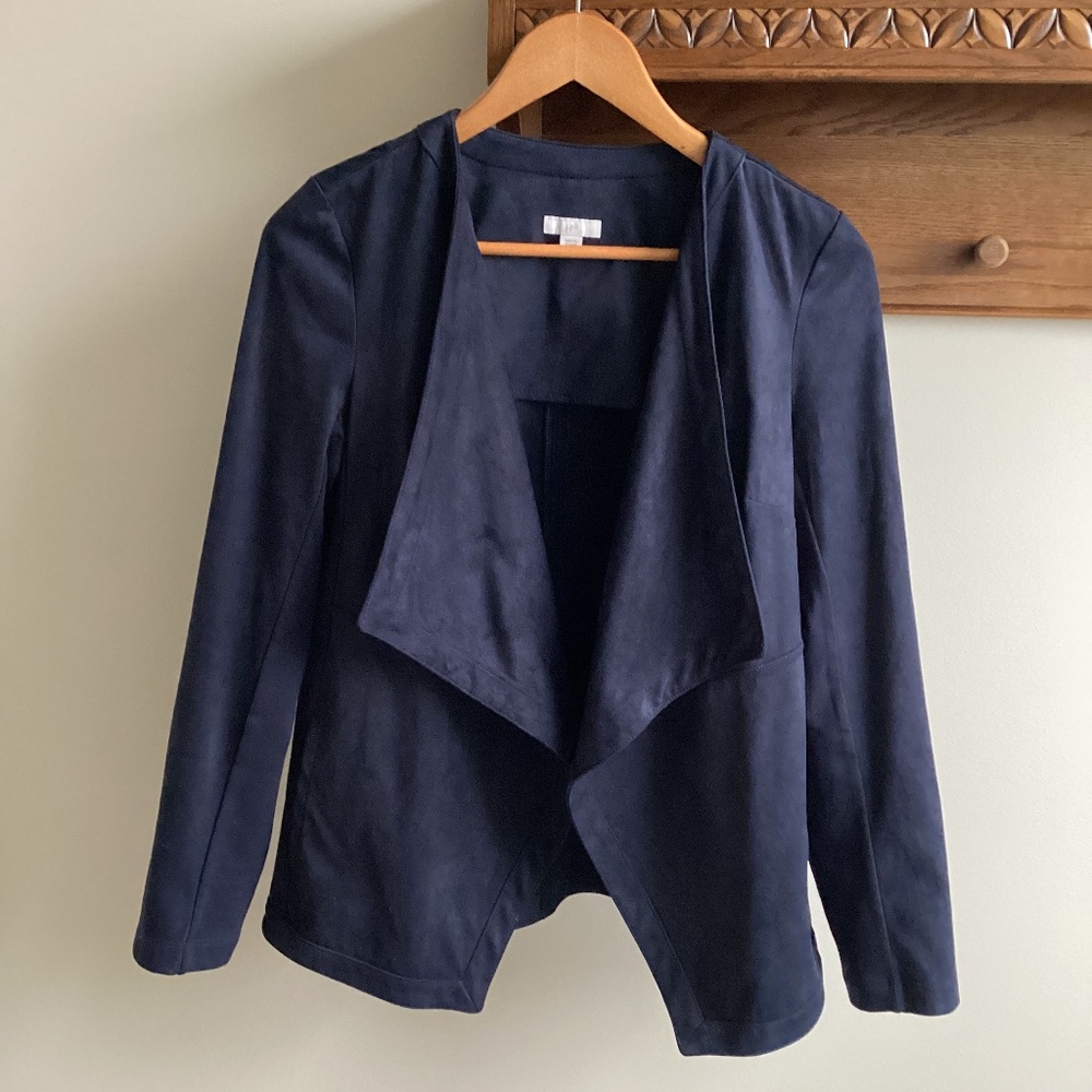 J.Jill Navy faux suede waterfall drape open front jacket cardigan size small
